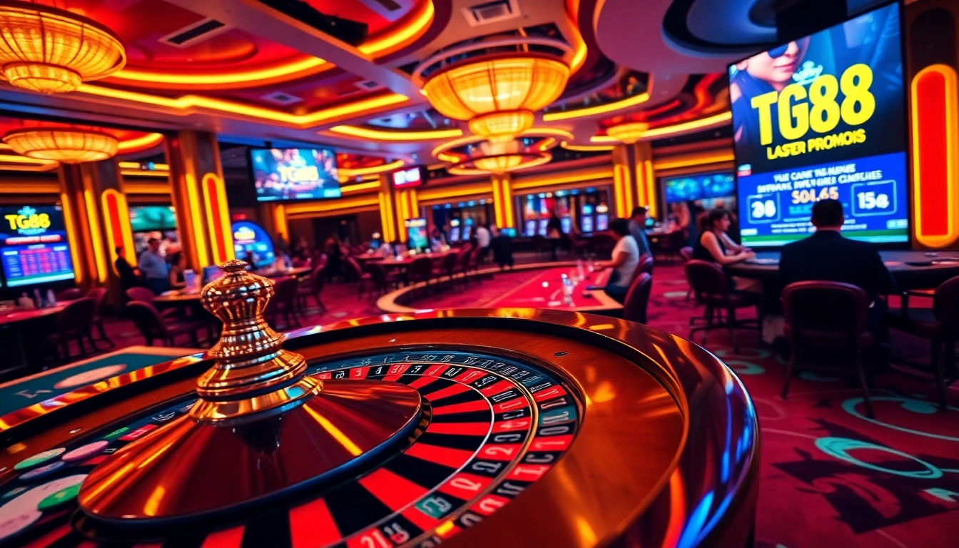 Experience the excitement of gambling at TG88 with vibrant casino tables and poker chips.