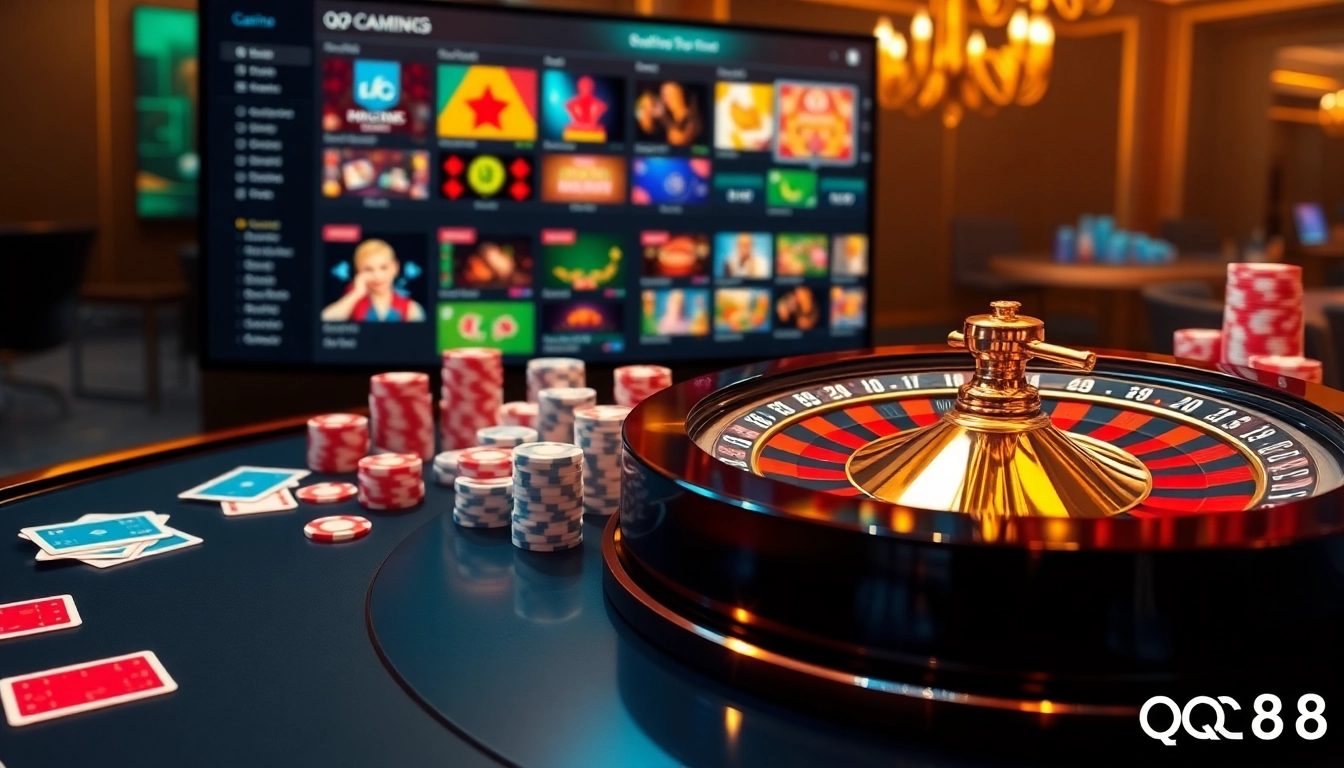 Experience the thrilling ambiance of QQ88 with luxurious casino elements like a roulette wheel and poker chips.