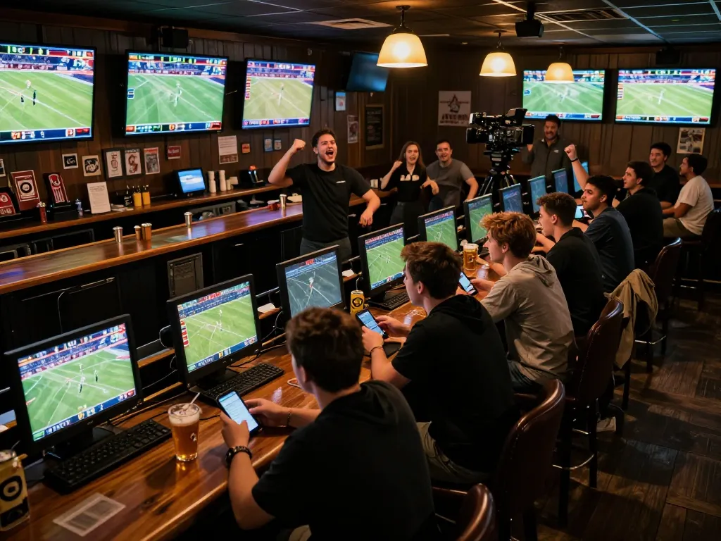 Engaging scene of sports betting excitement with patrons using tr88 đăng nhập on mobile devices