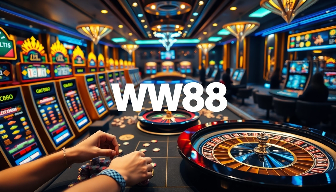 Experience the excitement of gambling at WW88 with vibrant slot machines and poker chips.