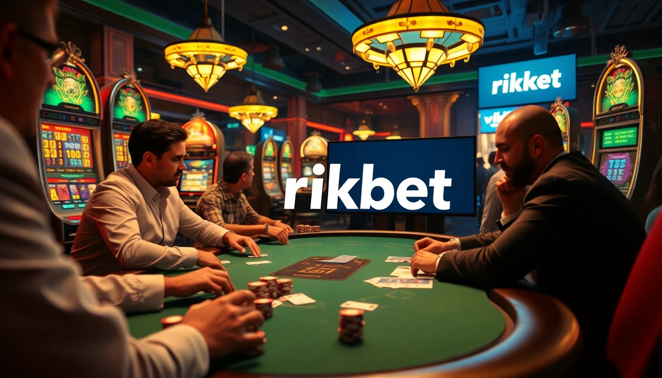 Experience the thrill at rikbet with players focusing on a high-stakes poker game surrounded by glowing slot machines.