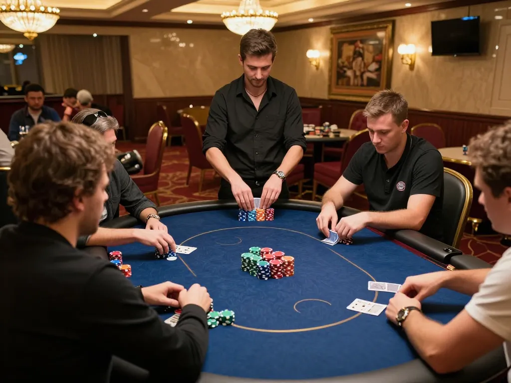 Players strategizing in a competitive poker game at hm88 com casino.