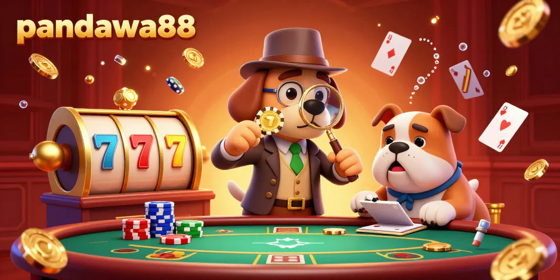 Pandawa88 enhances gameplay with a casino detective scene revealing golden poker chips and exciting slot elements.