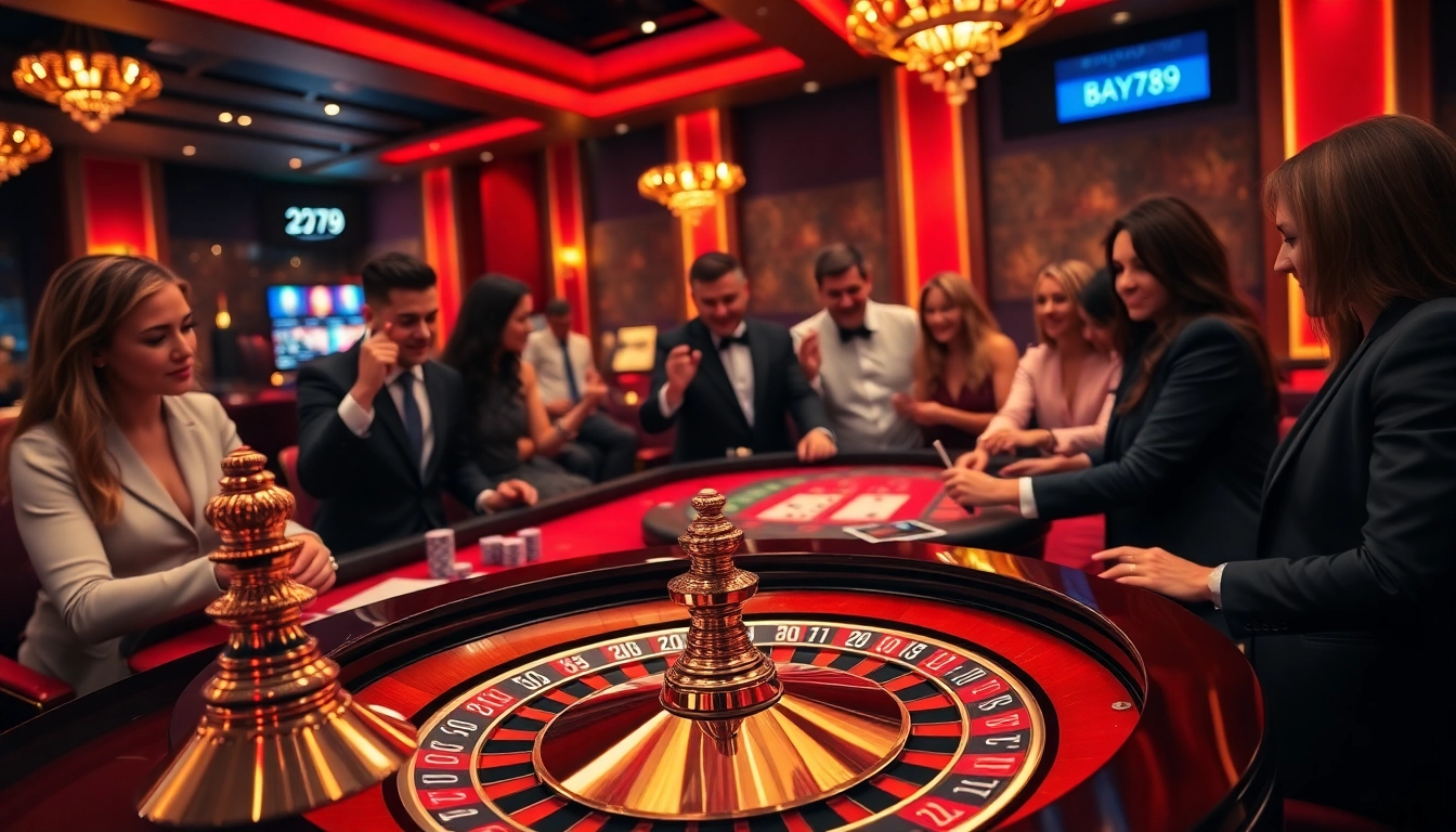 Excited players engaging in roulette at Bay789 casino scene, showcasing thrilling gambling action.
