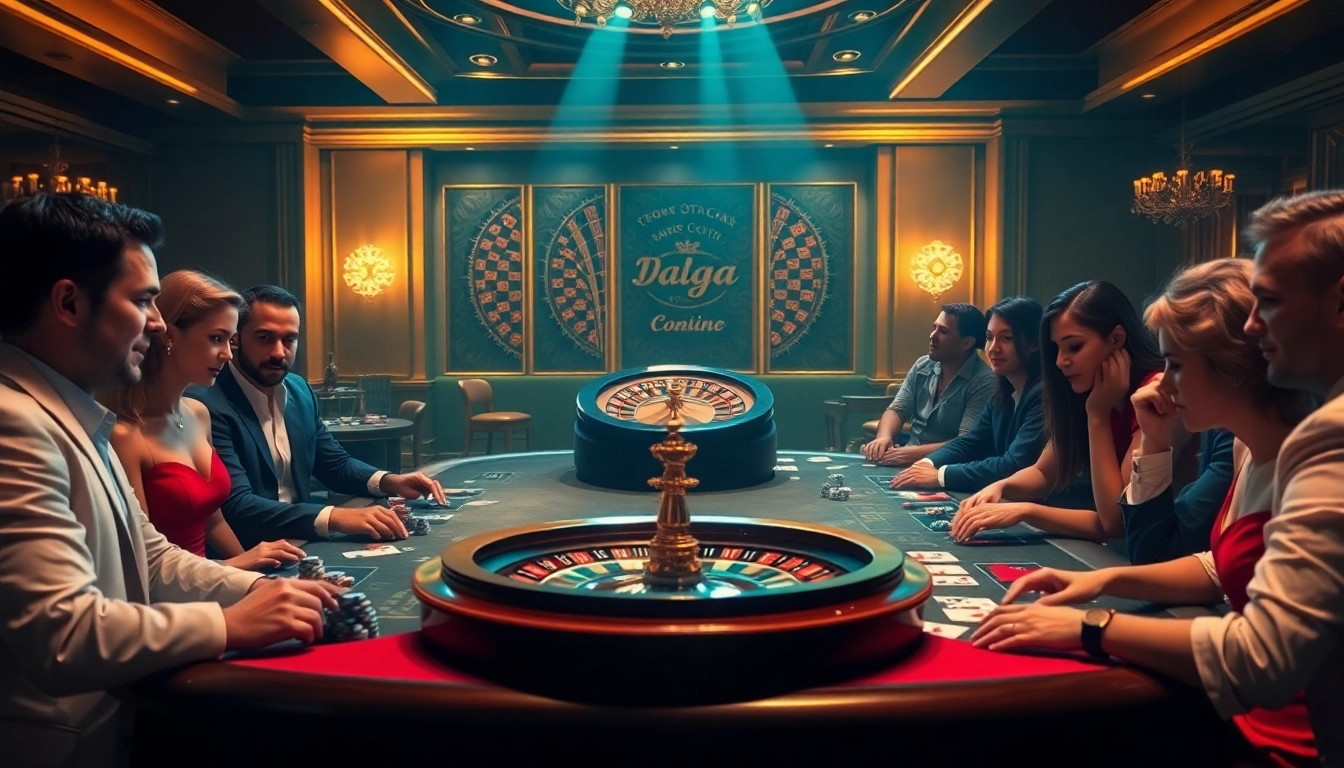 Daga-themed poker table with chips and intense players in a luxurious casino.
