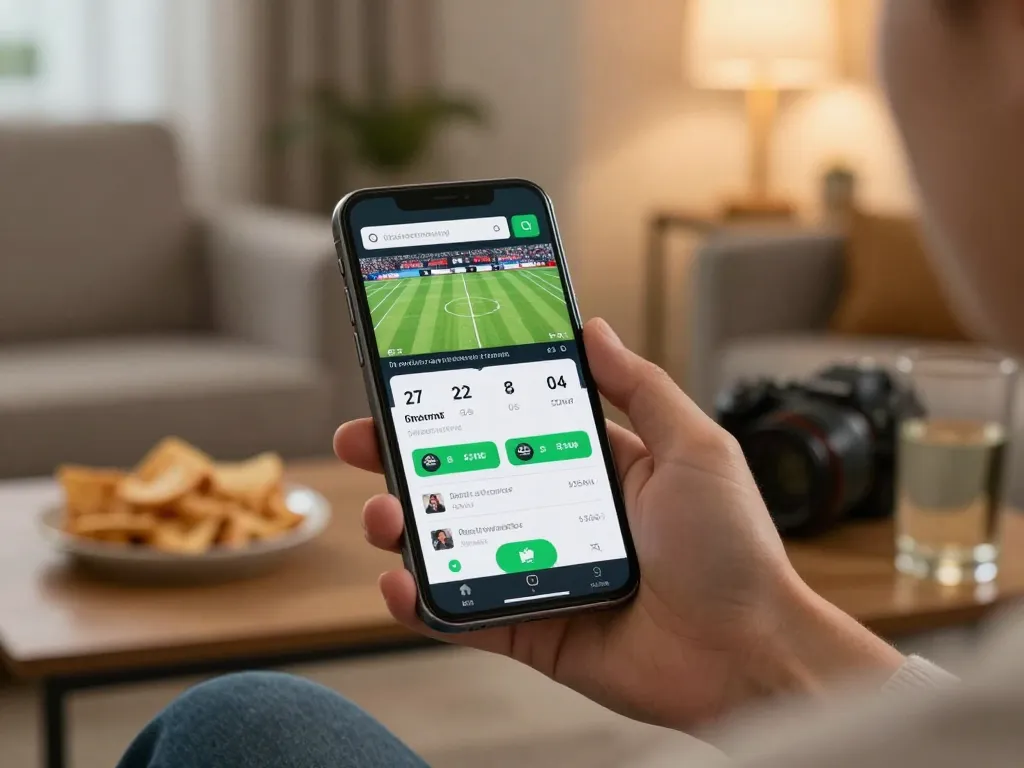 Engaging user accessing win68 sports betting app on smartphone in a cozy home environment during live match