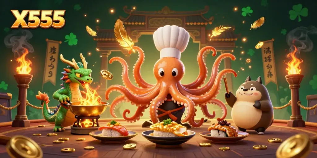 X555 engages players with a vibrant scene featuring a sushi chef octopus and dragon in a dynamic casino context.