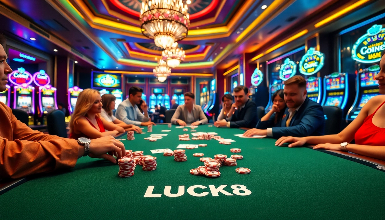 LUCK8 poker table action with enthusiastic players and vibrant casino atmosphere.