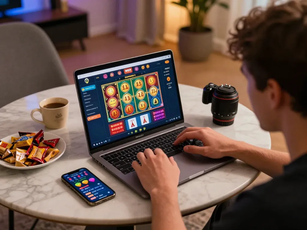 Engaging online gaming session at KO66, showcasing colorful casino games on laptop screen.