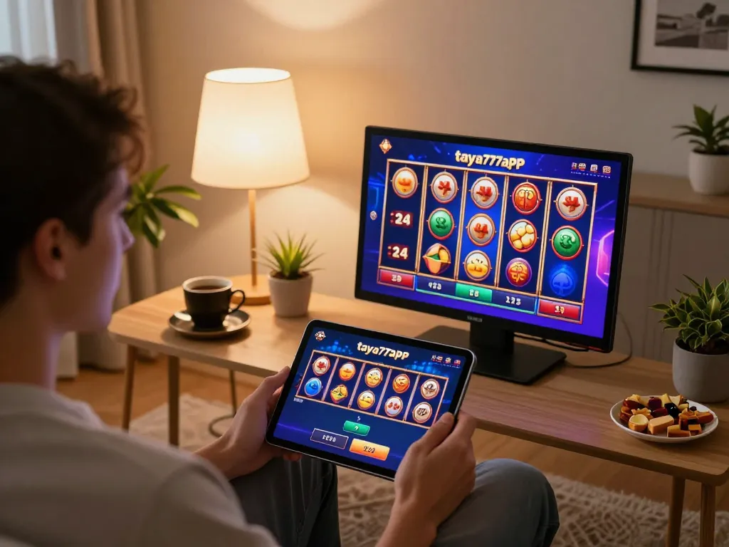 Engage with taya777app through exciting slot games on a tablet, creating a cozy gaming atmosphere at home.