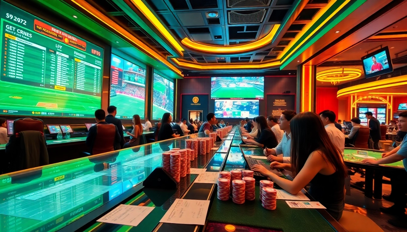 Exciting sports betting scene at Thể thao 69VN, showcasing live odds and engaged bettors.