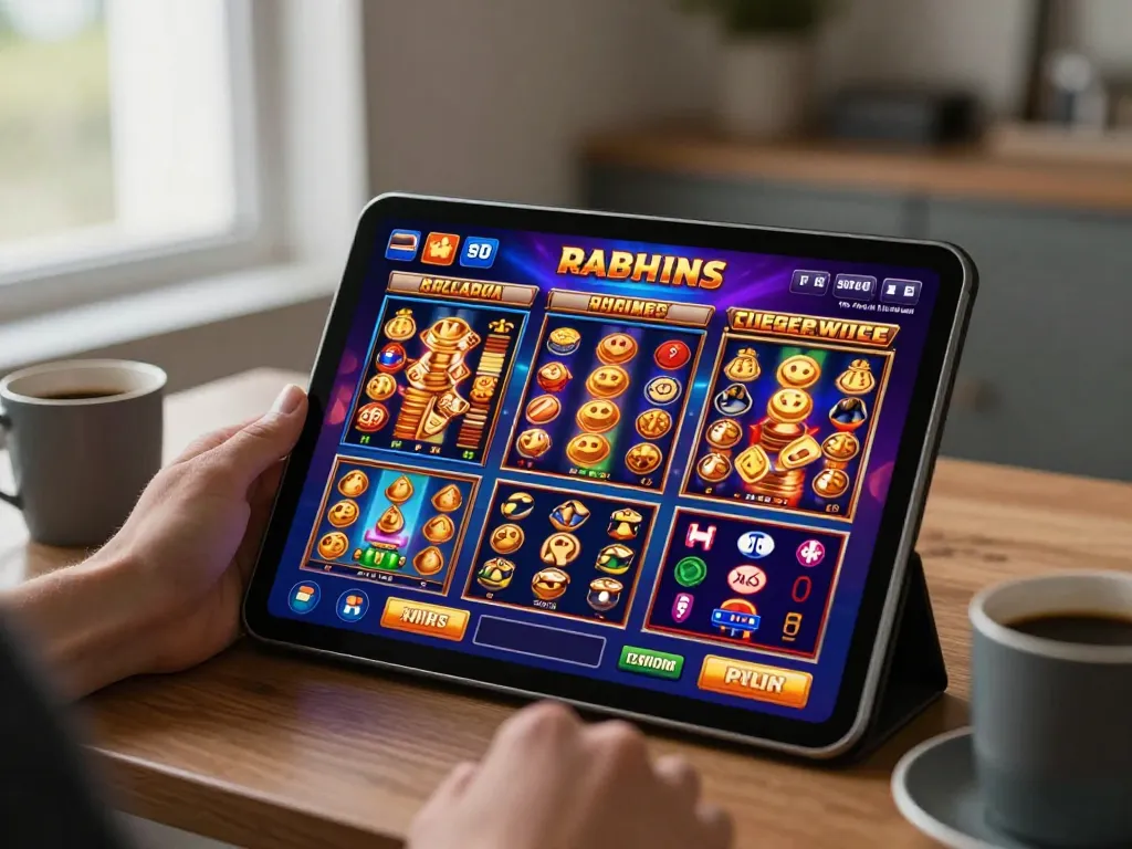 Engaging in Slot Malaysia games on a tablet in a cozy home gaming setup.