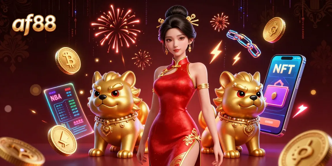 Experience the excitement of af88 with a stunning Asian woman amidst crypto coins and vibrant casino elements.
