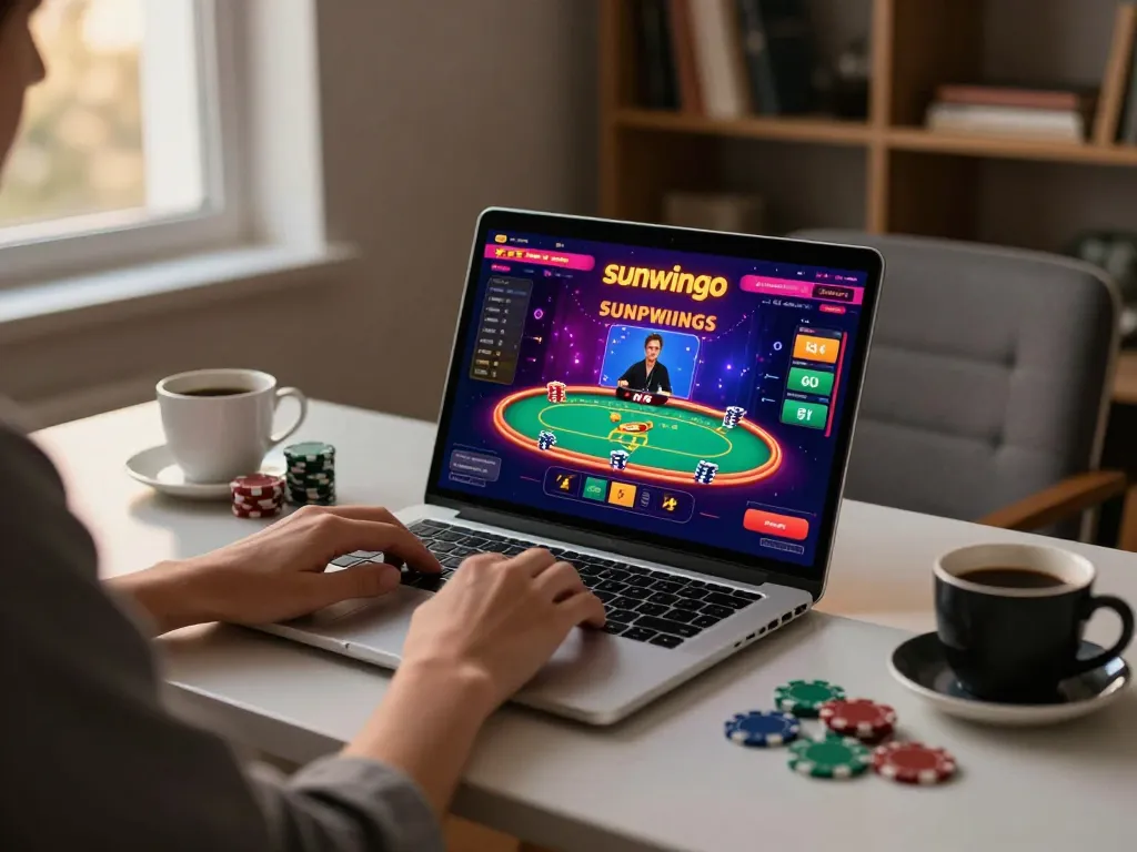 Player engaging in strategic poker gameplay on the sunwingo online casino interface during a cozy home session