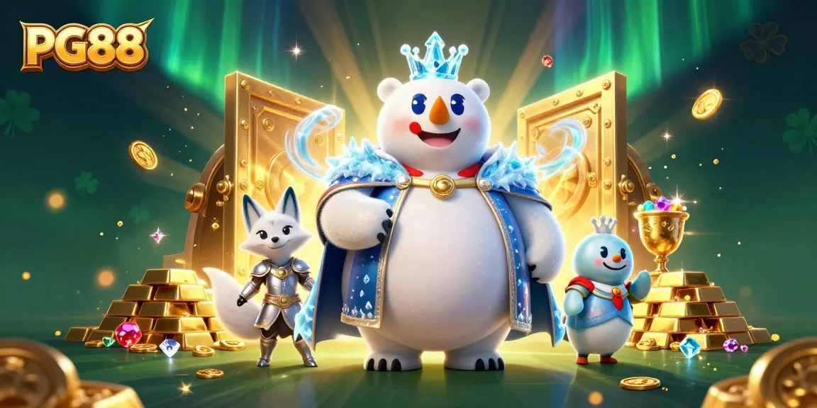 Engage in exciting gameplay at PG88, featuring a polar bear and fox surrounded by treasures and casino elements.