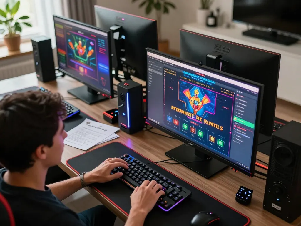 Focused player researching nhà cái uy tín with modern gaming setup showcasing multiple online casino screens and strategy notes.