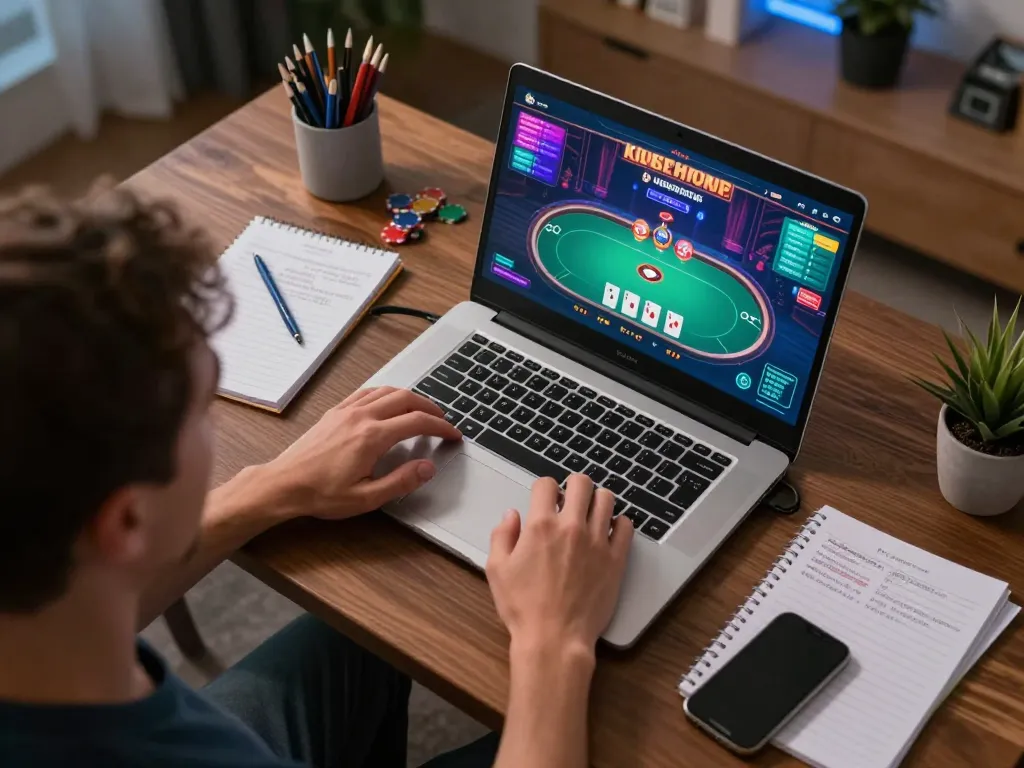 Engaging in đăng ký go99 strategy while playing online poker at home, showcasing a cozy gaming setup.