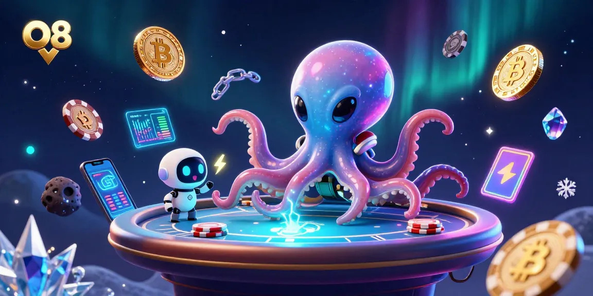 Engage in electrifying gameplay at O8 with an alien octopus at a poker table amidst vibrant crypto elements.