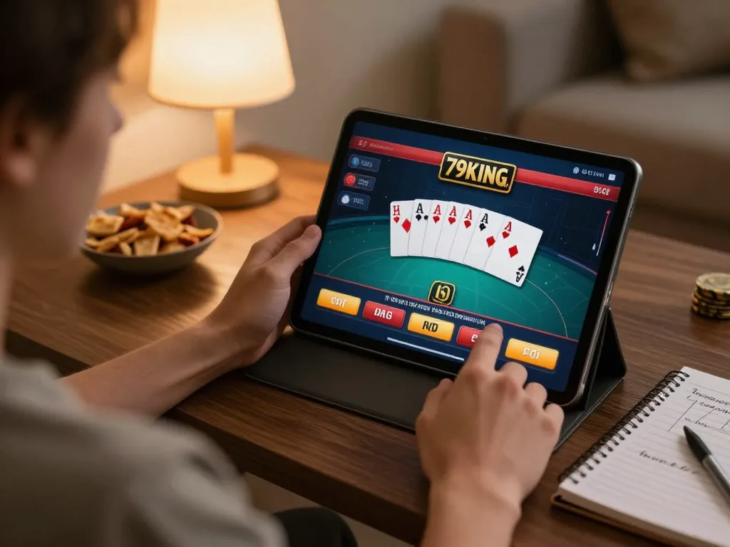 Engaging in online poker on 79KING with strategy notes in a cozy home setting.