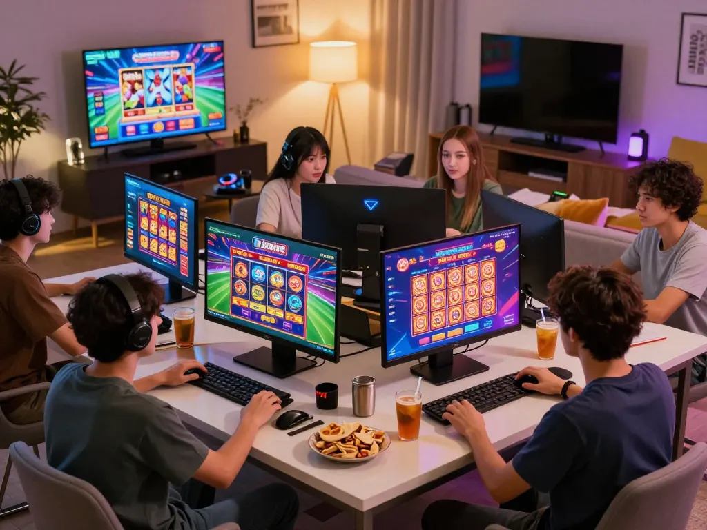 Engaged players enjoying games on Luckywin online platform in a stylish living room.