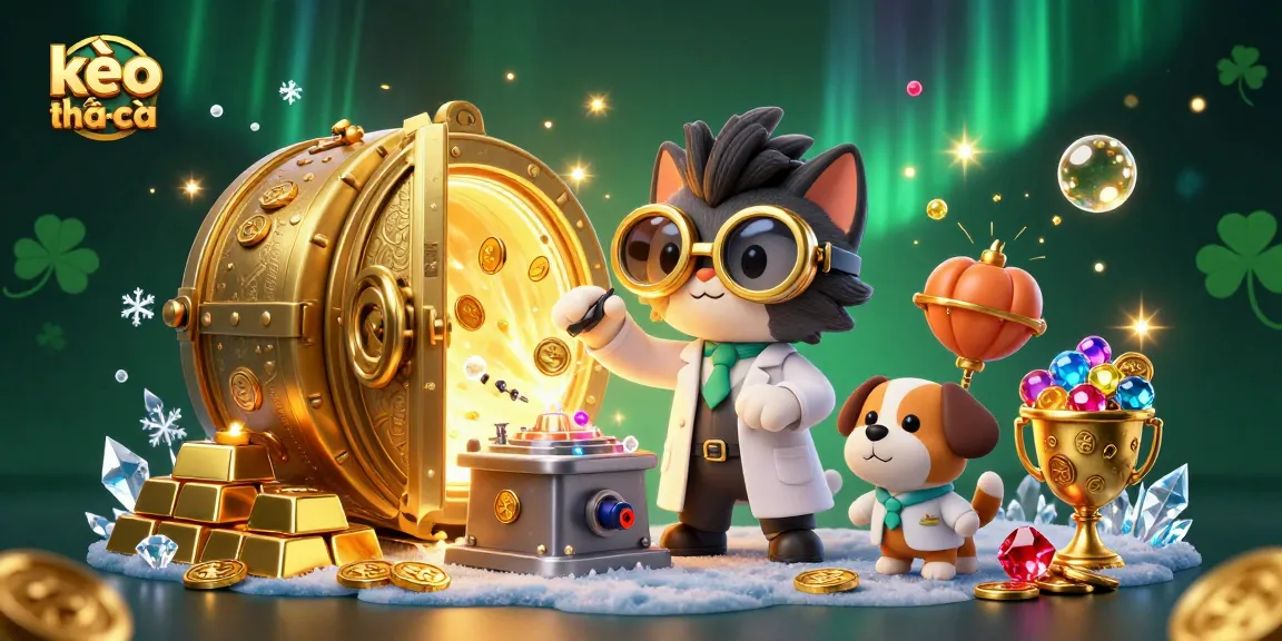 Engage in kèo nhà cái with a whimsical 3D casino scene featuring a mad scientist cat and loyal dog amidst golden treasures.