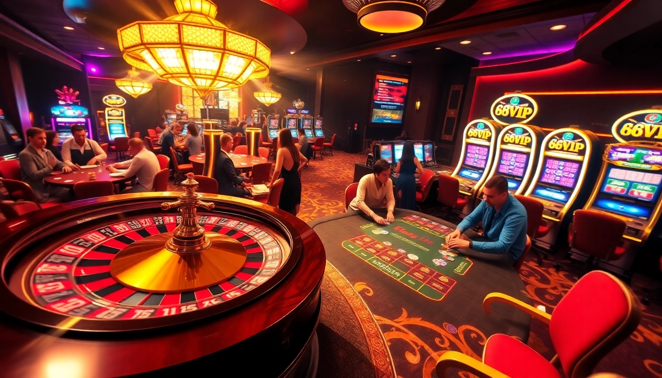 Experience the excitement of 68VIP with roulette, poker, and vibrant casino elements.