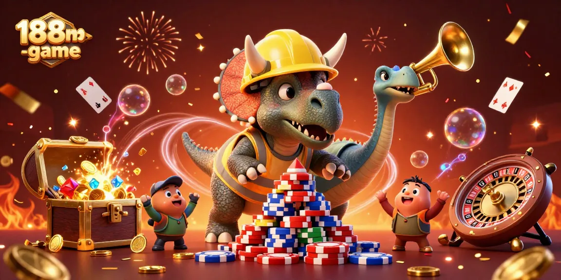 Experience thrilling gameplay at 188m-game, featuring animated casino elements with vibrant characters celebrating winnings.