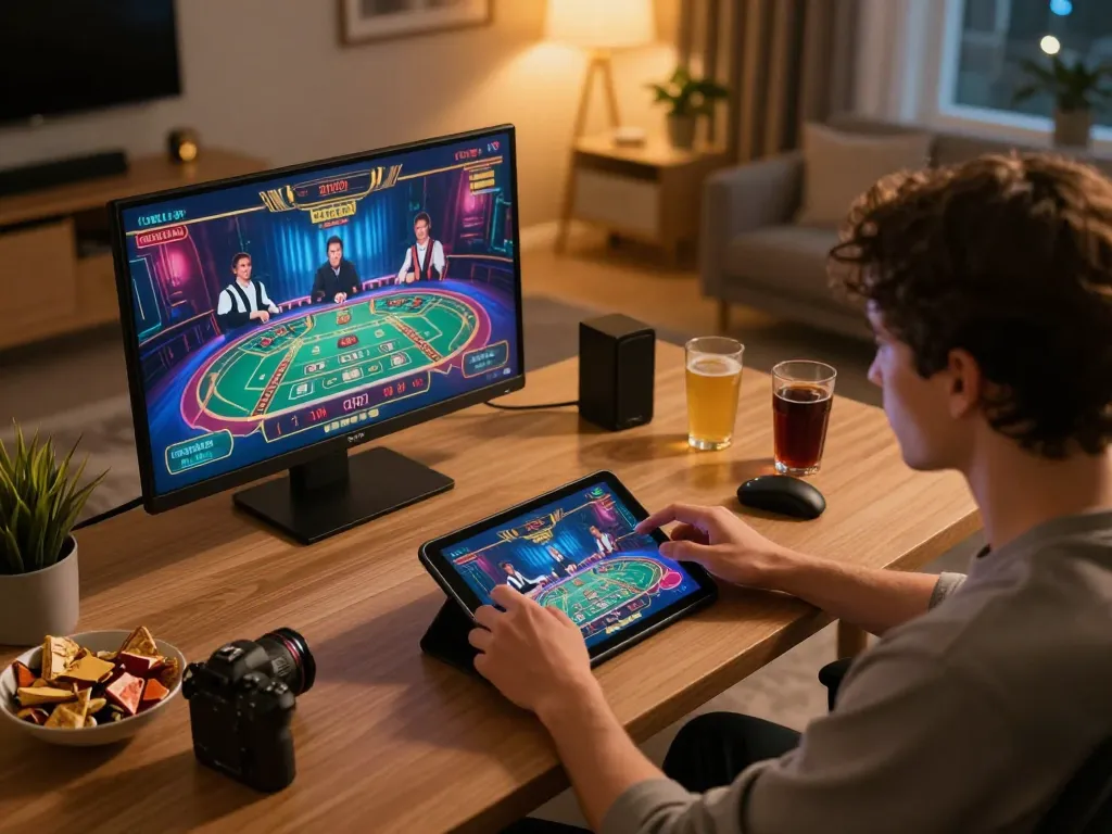 Sunwin online gaming experience with player engaging in live casino game on tablet in a cozy home office setting.
