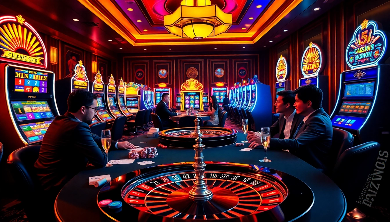 Players enjoying high-stakes poker at https://888vnd.gb.net, surrounded by vibrant slot machines and excitement.