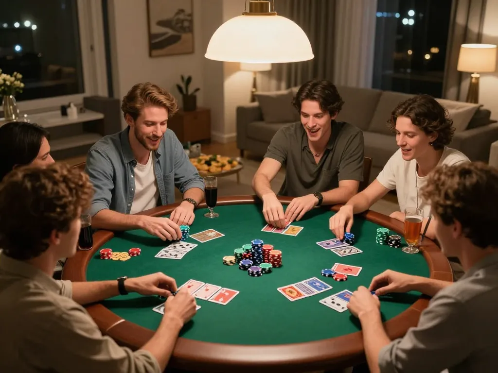 Players enjoy a lively poker game at home showcasing strategies and winnings at LV88.