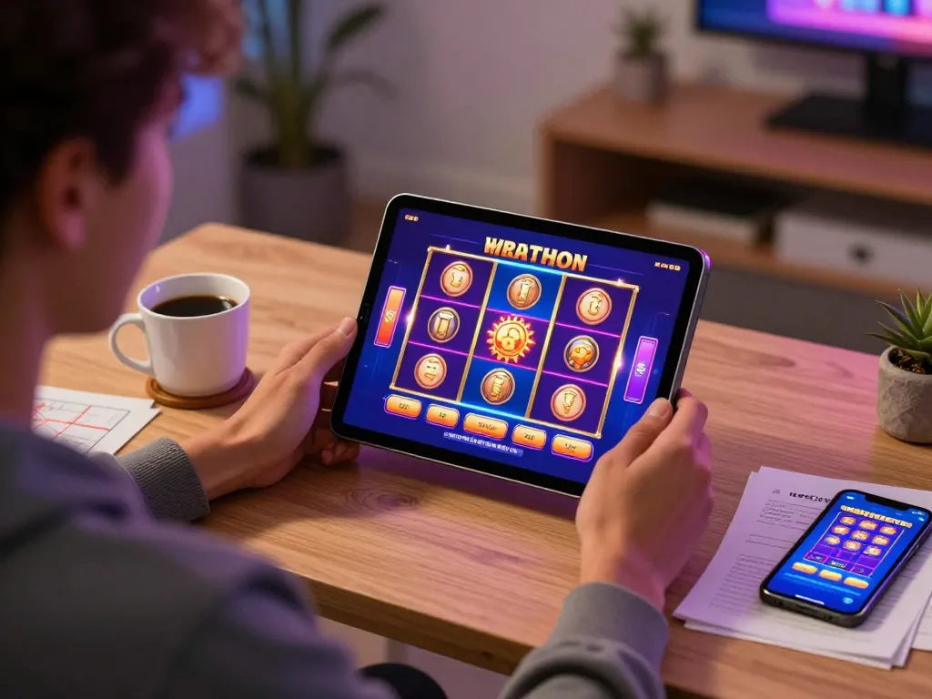 sin88 user engaging with slot machine game on a tablet, cozy home environment with strategy notes.