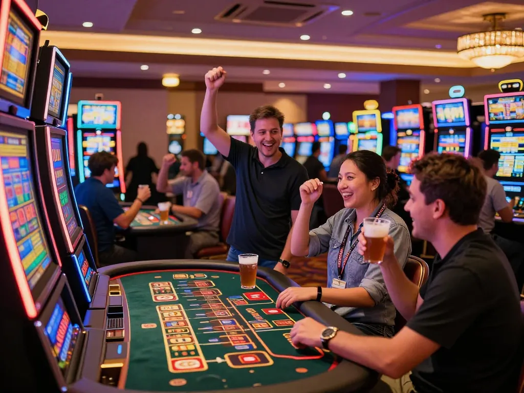 Players engaged at various tables in the lively 88club casino, celebrating wins amid vibrant slot machines.