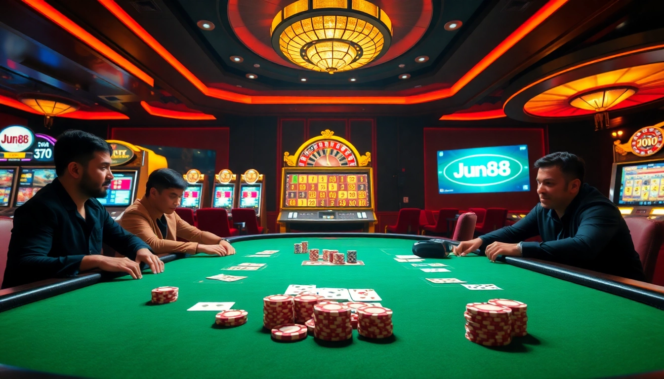 Experience thrilling gameplay at Jun88 Casino with vibrant poker tables and exciting slot machines.
