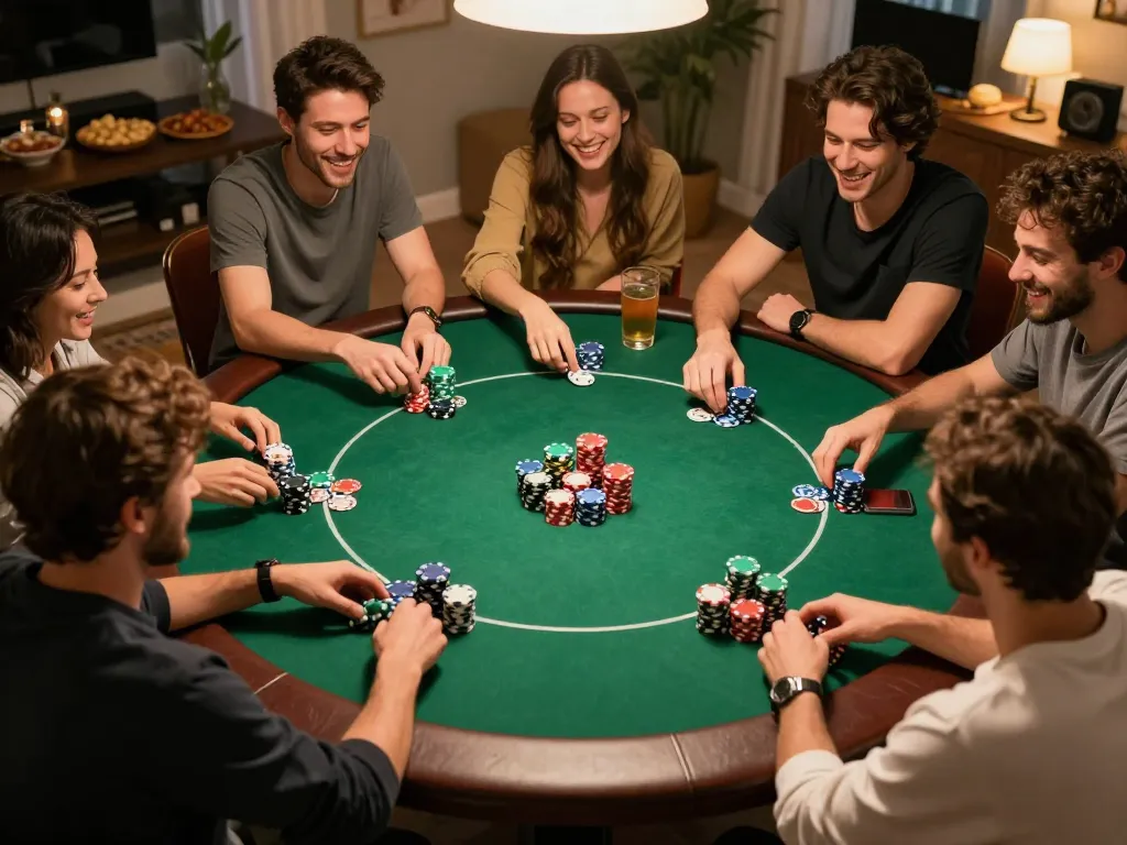 Engaged friends enjoying poker with lively atmosphere at home reflecting the spirit of https://tr88.golf/ gaming excitement.