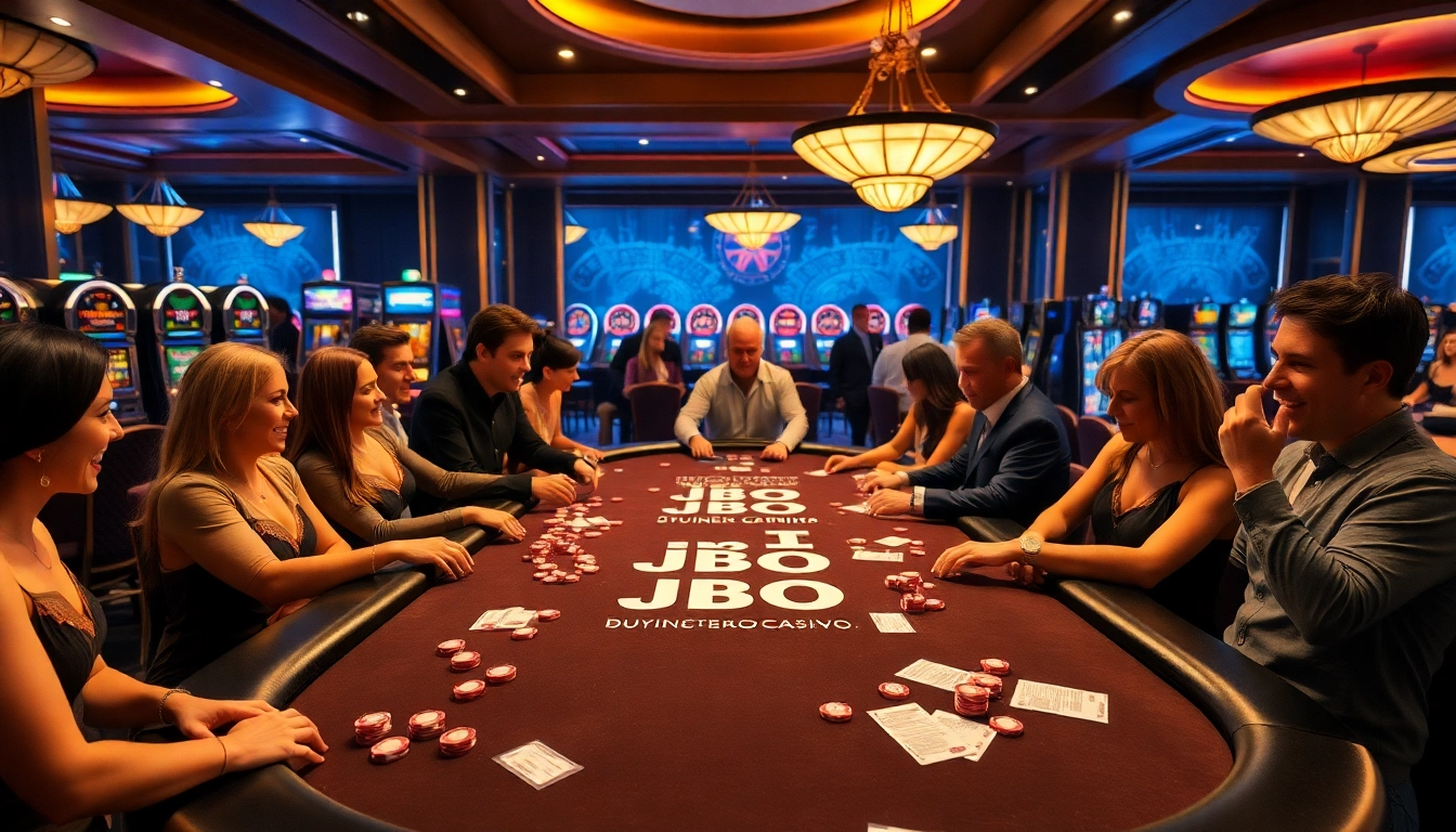 Exciting poker action at a JBO branded casino table filled with colorful chips