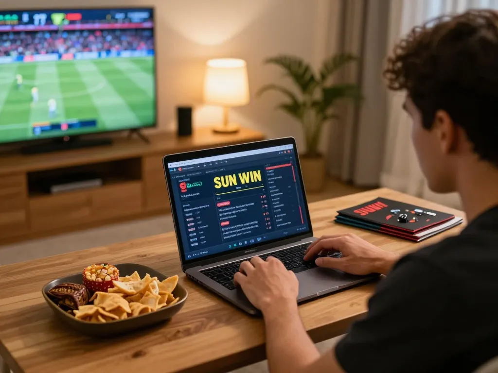 Engaging online gambler using Sun Win platform on laptop from home, showcasing live betting excitement.