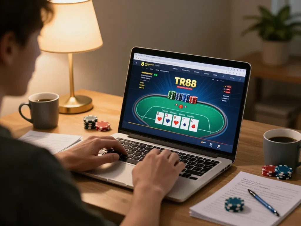 Engaging player exploring TR88 online poker game on laptop, harmonious gaming atmosphere.