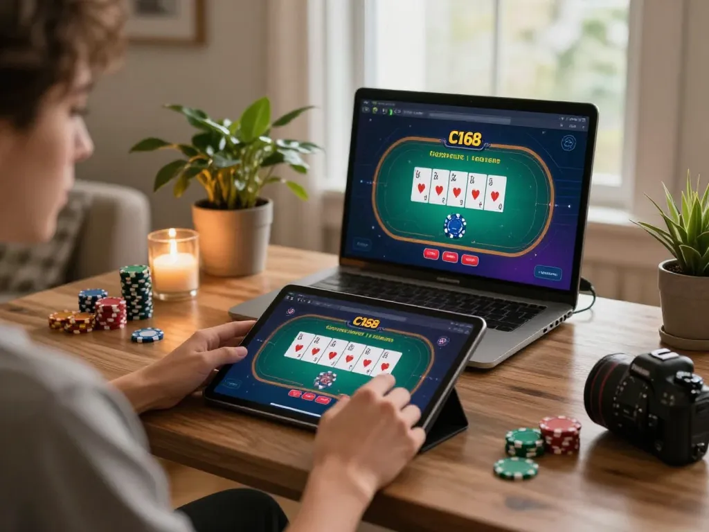 C168 online gaming app featuring poker game in a cozy home setting