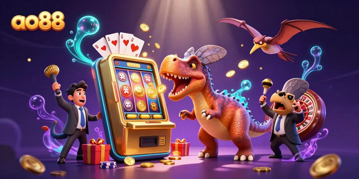 ao88 brings excitement as a dinosaur celebrates slot machine wins with falling coins.