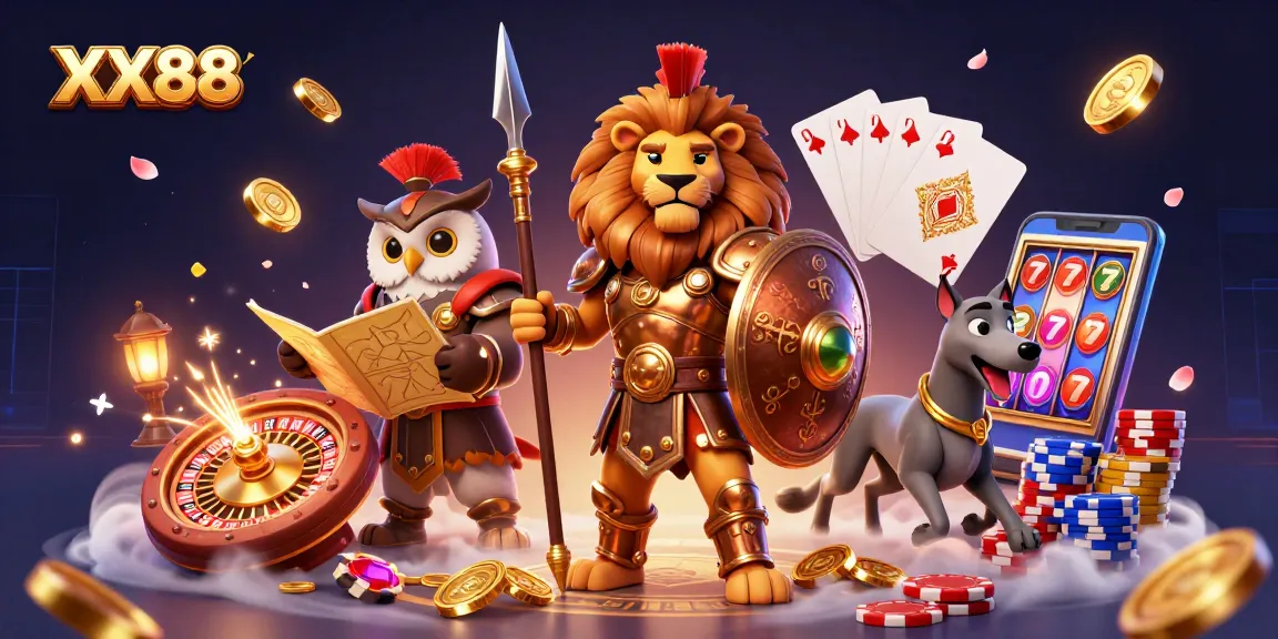 Experience winning strategies with XX88 in a vibrant 3D casino illustration showcasing dynamic gaming elements.