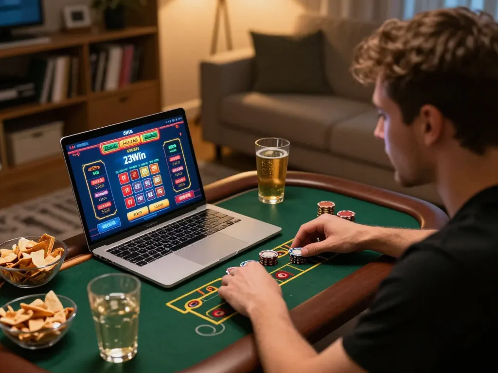 Gambler strategizing on 23Win during an online gaming session with a cozy atmosphere