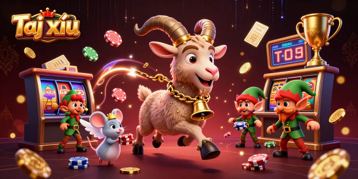 Engage in Tài xỉu thrills with a lively casino illustration featuring Krampus, a mouse, and gremlins.
