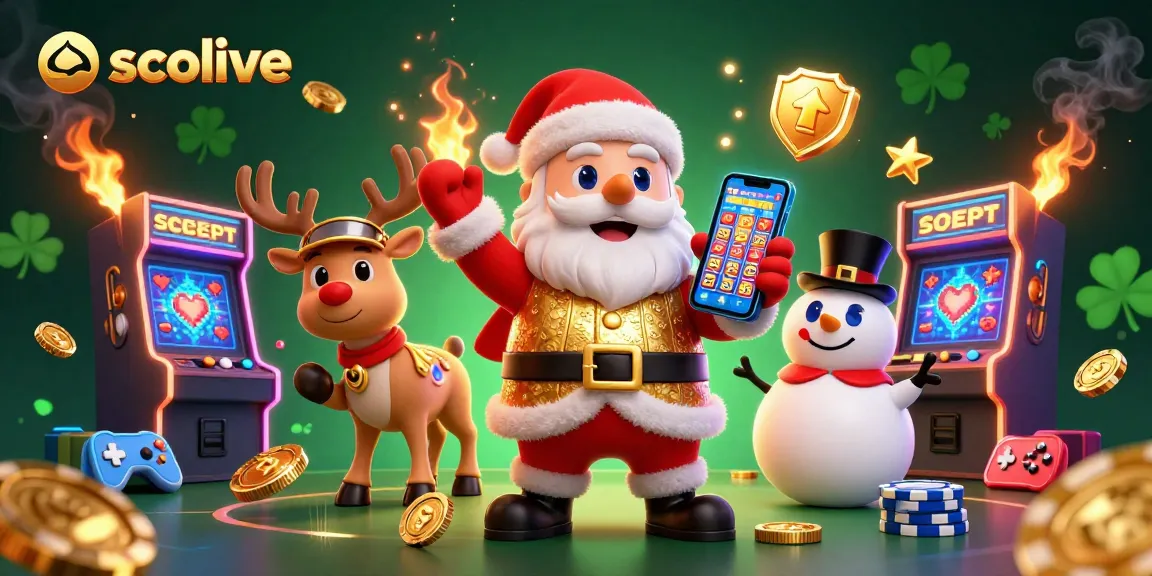 Socolive Santa Claus celebrates with jackpot slots in a vibrant casino scene.