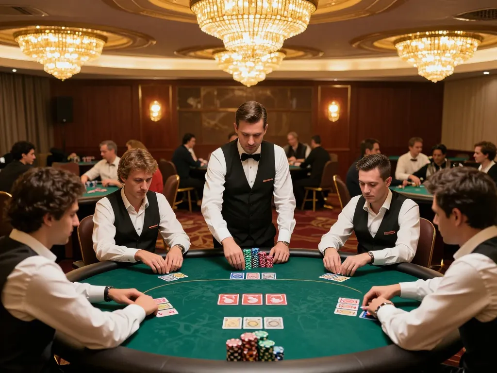 BOMWIN poker players strategizing in an upscale casino, showcasing vibrant game atmosphere