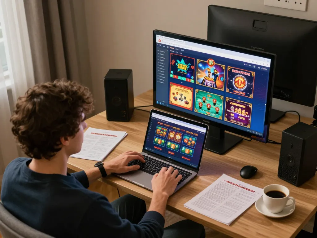 Player engaged in online gambling on HELLO88 from home with desktop setup and strategy notes
