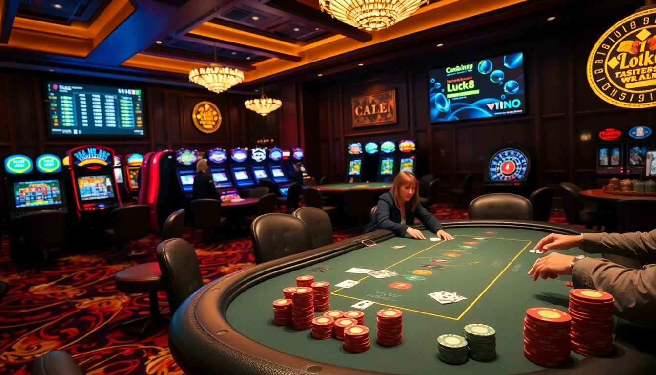 Engaging poker game at a luxurious casino showing luck8 excitement and vibrant gambling atmosphere.