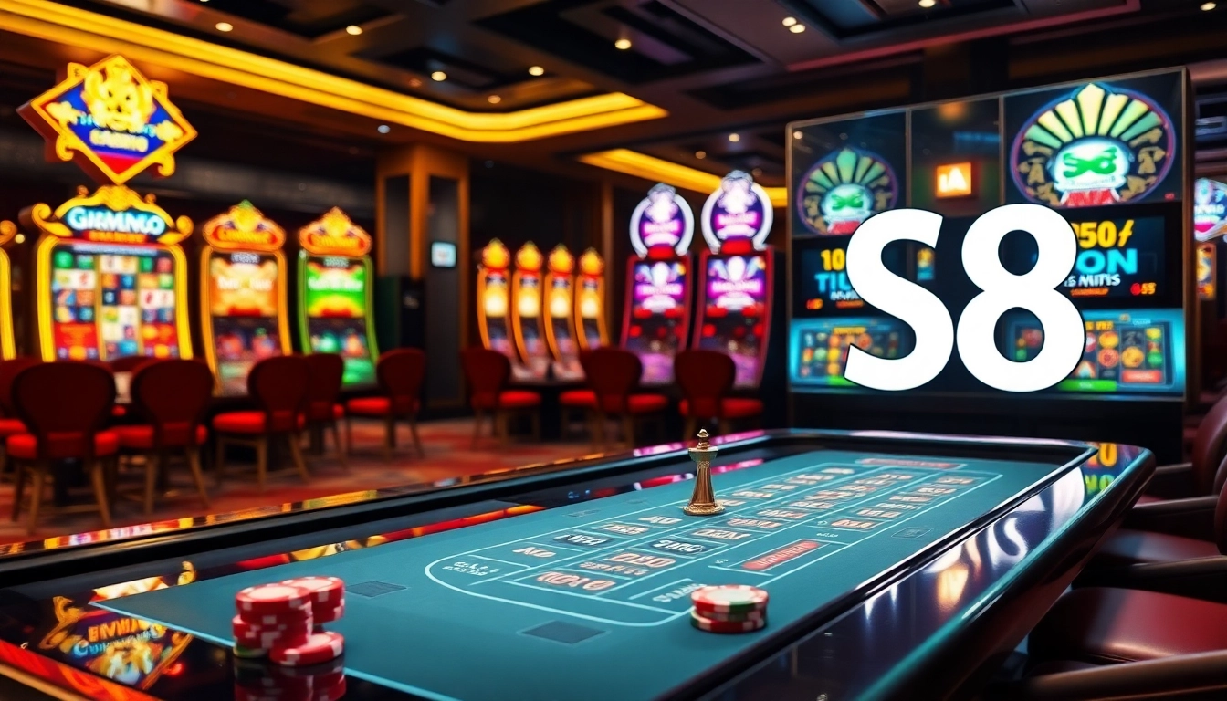 S8 online gambling experience showcasing a luxurious casino environment with high-tech gaming tables and vibrant slot machines.
