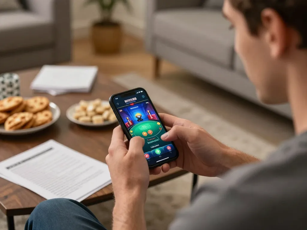Playing blackjack on man88 app in a cozy home setting with strategy notes and snacks.