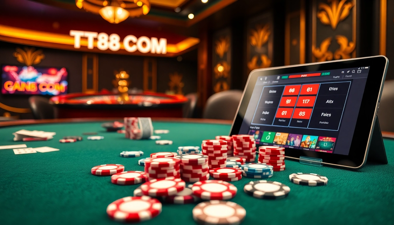 Experience thrilling gaming action at TT88 COM with vibrant poker chips and sleek casino tables.