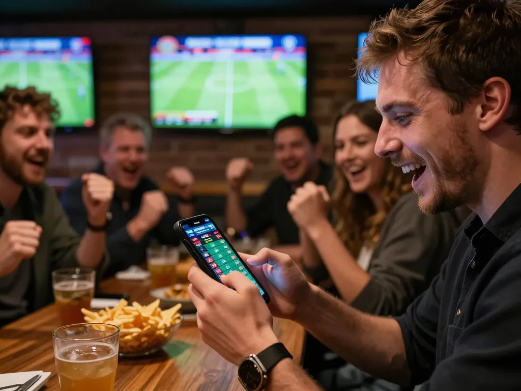 Engaged bettor using LLWIN mobile app for live sports betting during a thrilling match.